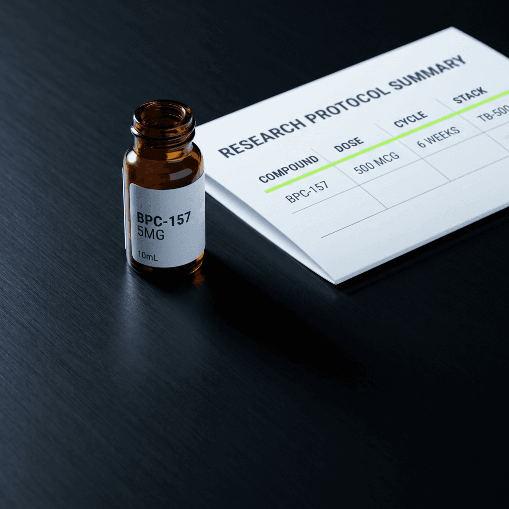 An amber-glass BPC-157 vial beside a printed protocol summary card.