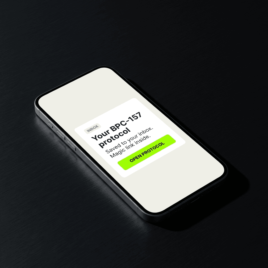 A smartphone displaying a saved BPC-157 protocol with a neon green Open Protocol button.