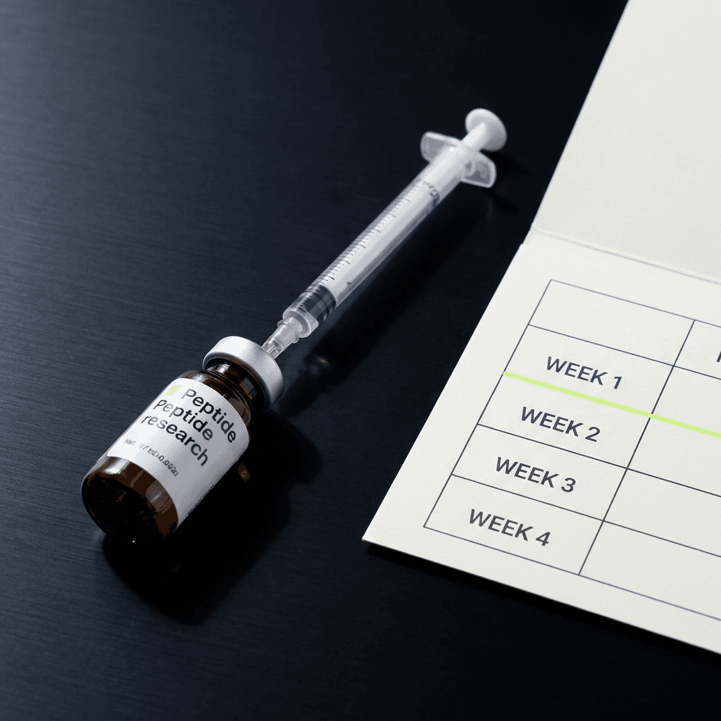 An insulin syringe drawing from an amber peptide vial beside an open dosing schedule card.