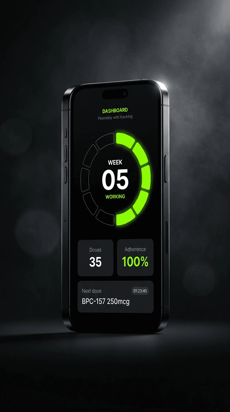Cycle dashboard showing a green phase progression ring at week 5 of 12, 35 doses, 100 percent adherence.