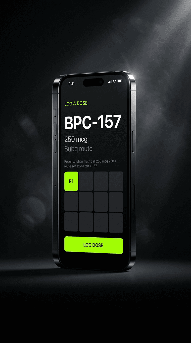 Dose log screen showing BPC-157 250 mcg subq with reconstitution math and site rotation grid.