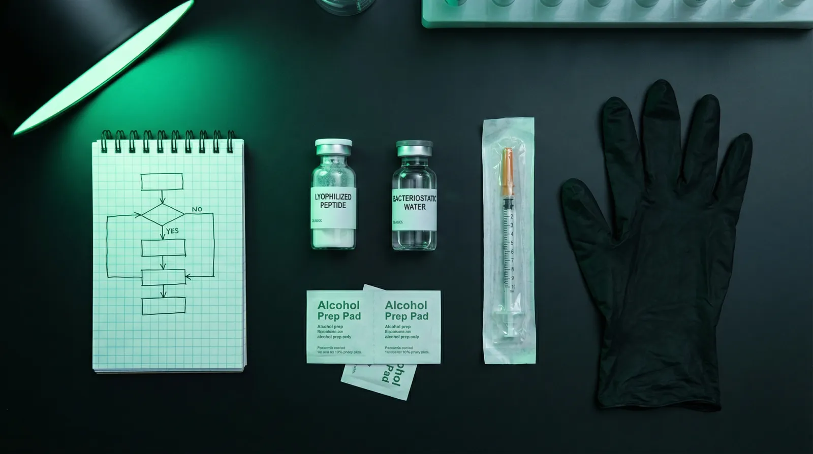 Peptide reconstitution supplies laid out including vial, bacteriostatic water, syringes, and scale