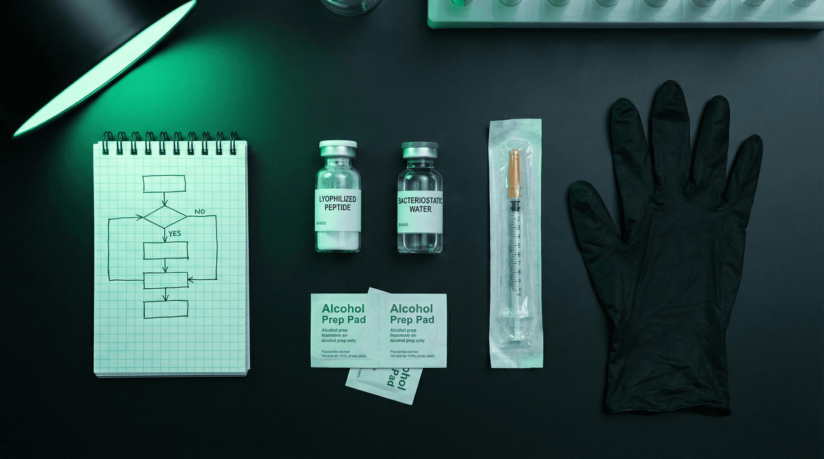 Peptide reconstitution supplies laid out including vial, bacteriostatic water, syringes, and scale