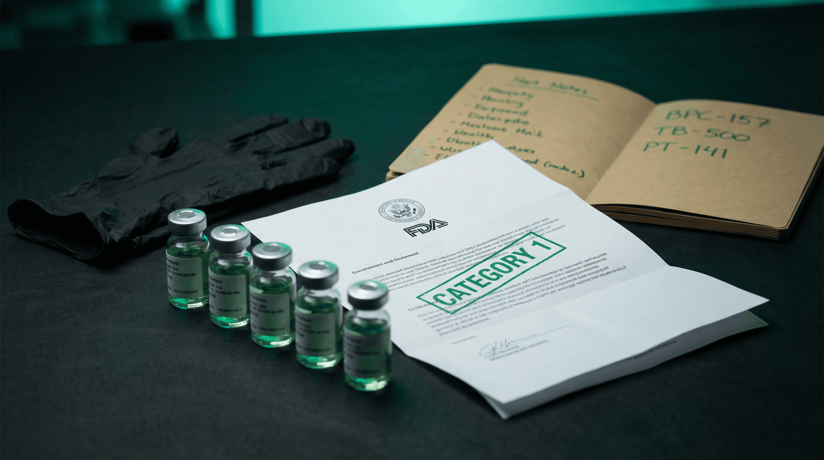 FDA peptide reclassification document alongside peptide vials and syringes on a dark surface with green ambient lighting