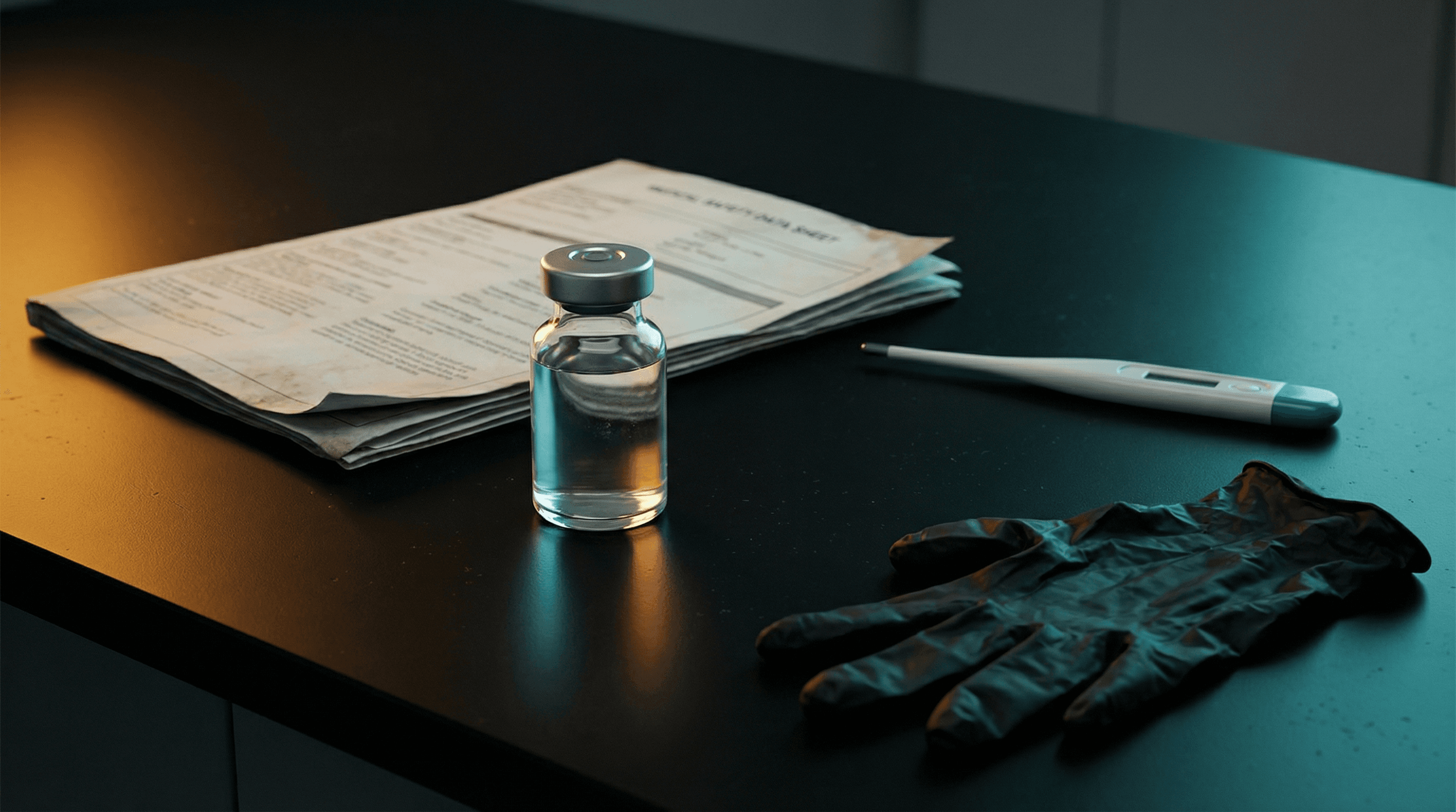 TB-500 vial with caution symbol and body monitoring display