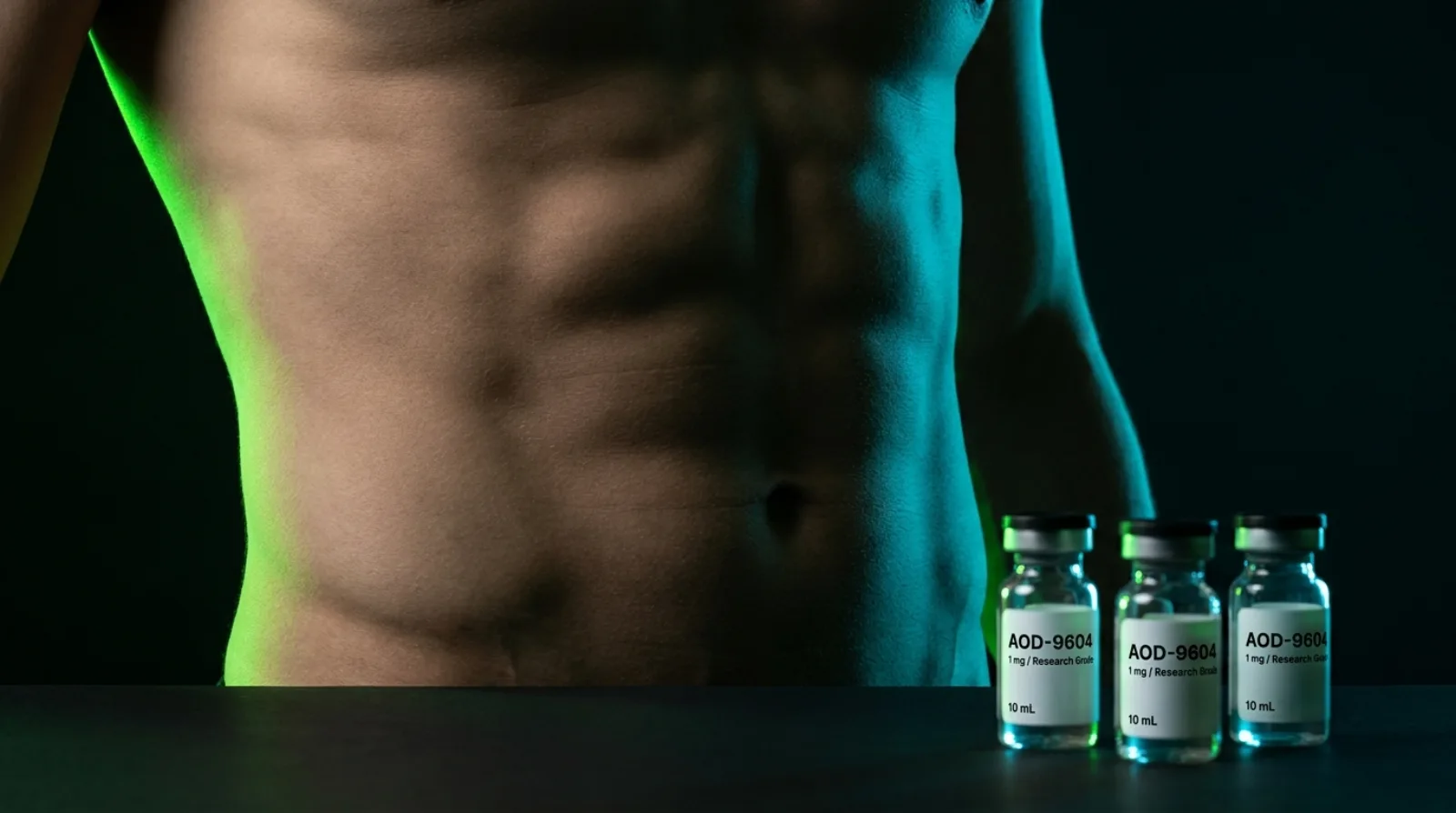 AOD-9604 research vials beside a lean, defined human midsection under bio-green directional lighting on a black background
