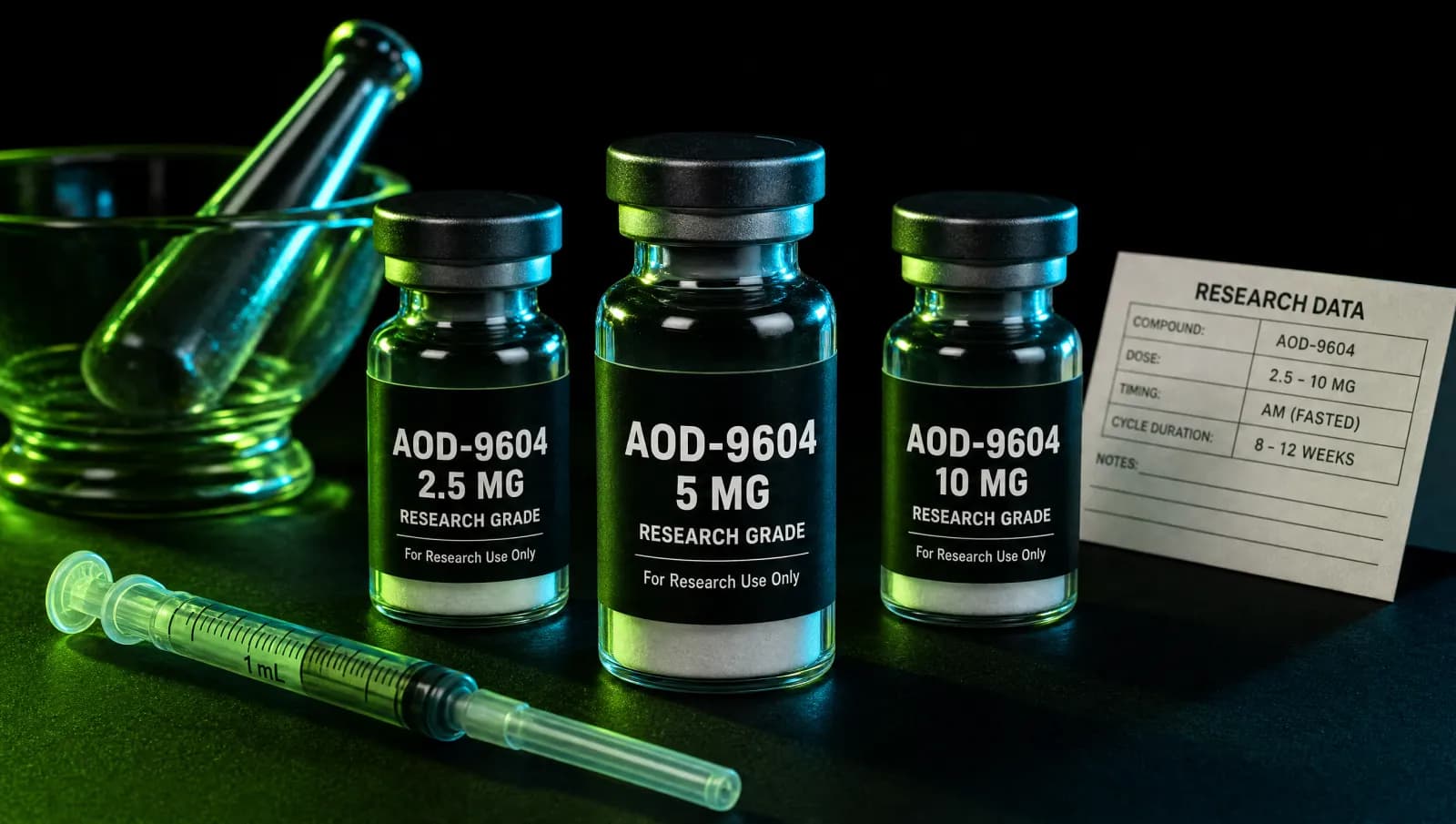 AOD-9604 dosage protocol: labelled research vial and syringe on matte black surface with neon bio-green accent lighting