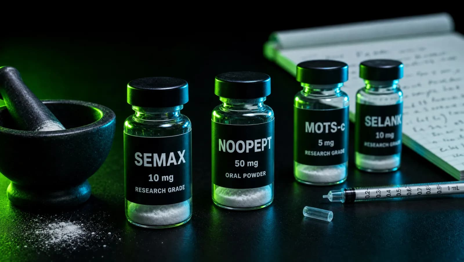 Best nootropic peptides for focus and memory ranked lineup including Semax, Noopept and MOTS-c vials on dark surface