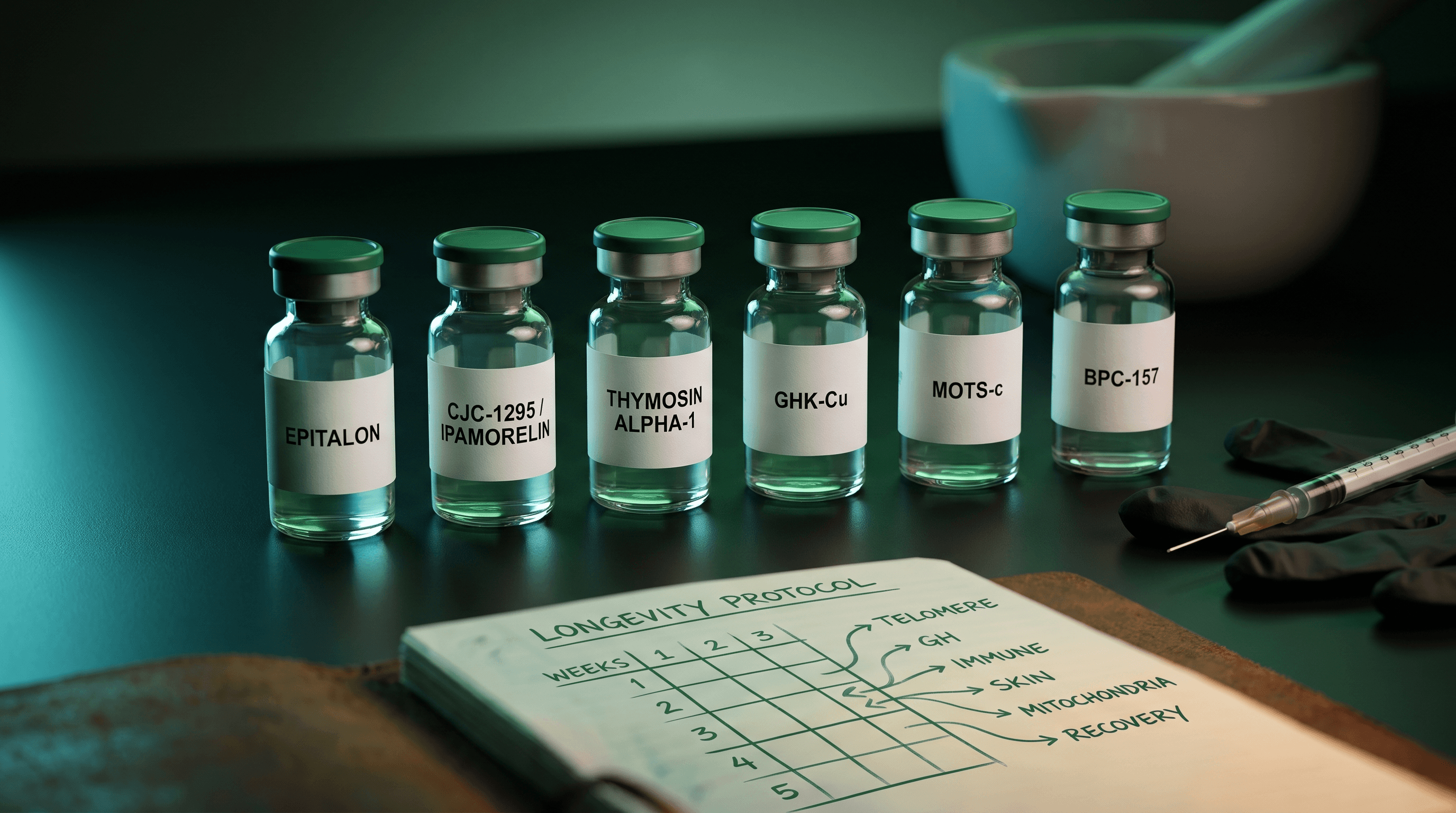 Six labelled anti-ageing peptide vials arranged on a clinical surface with green ambient lighting, representing the best longevity peptides for 2026