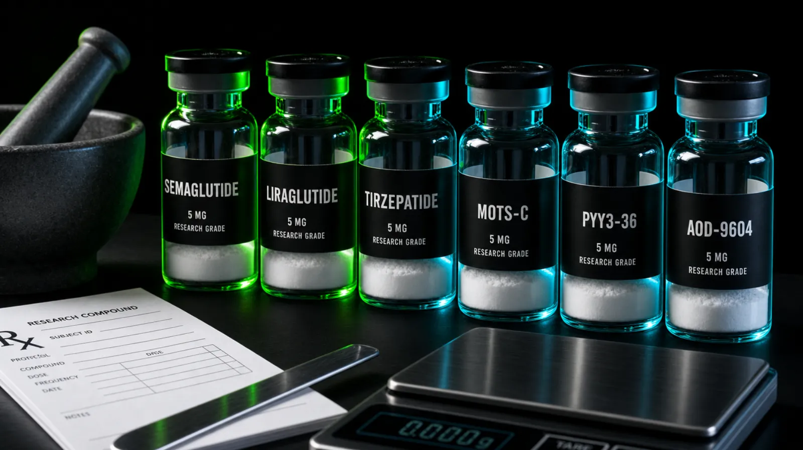 Best peptides for fat loss lineup of labelled research vials on a compounding pharmacy bench
