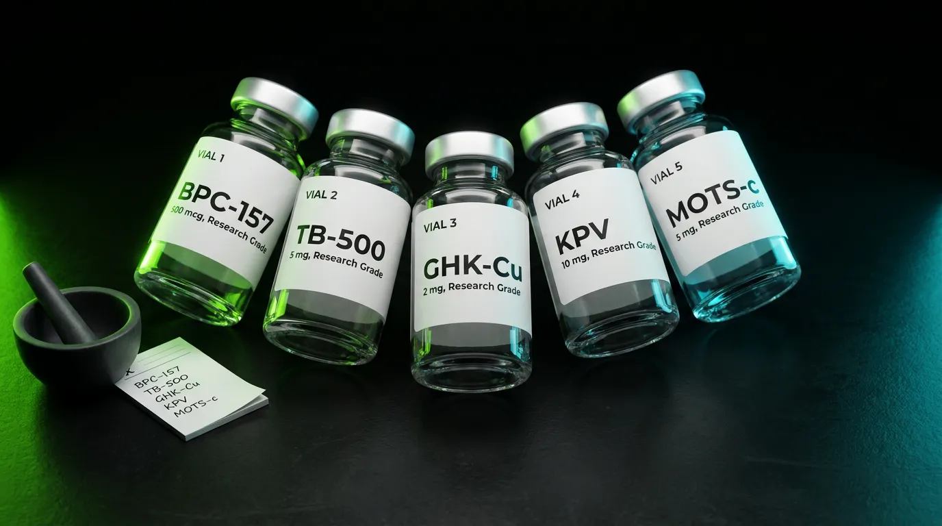 Five research-grade peptide vials labelled BPC-157, TB-500, GHK-Cu, KPV and MOTS-c arranged on a dark surface representing the best peptides for gut health and inflammation