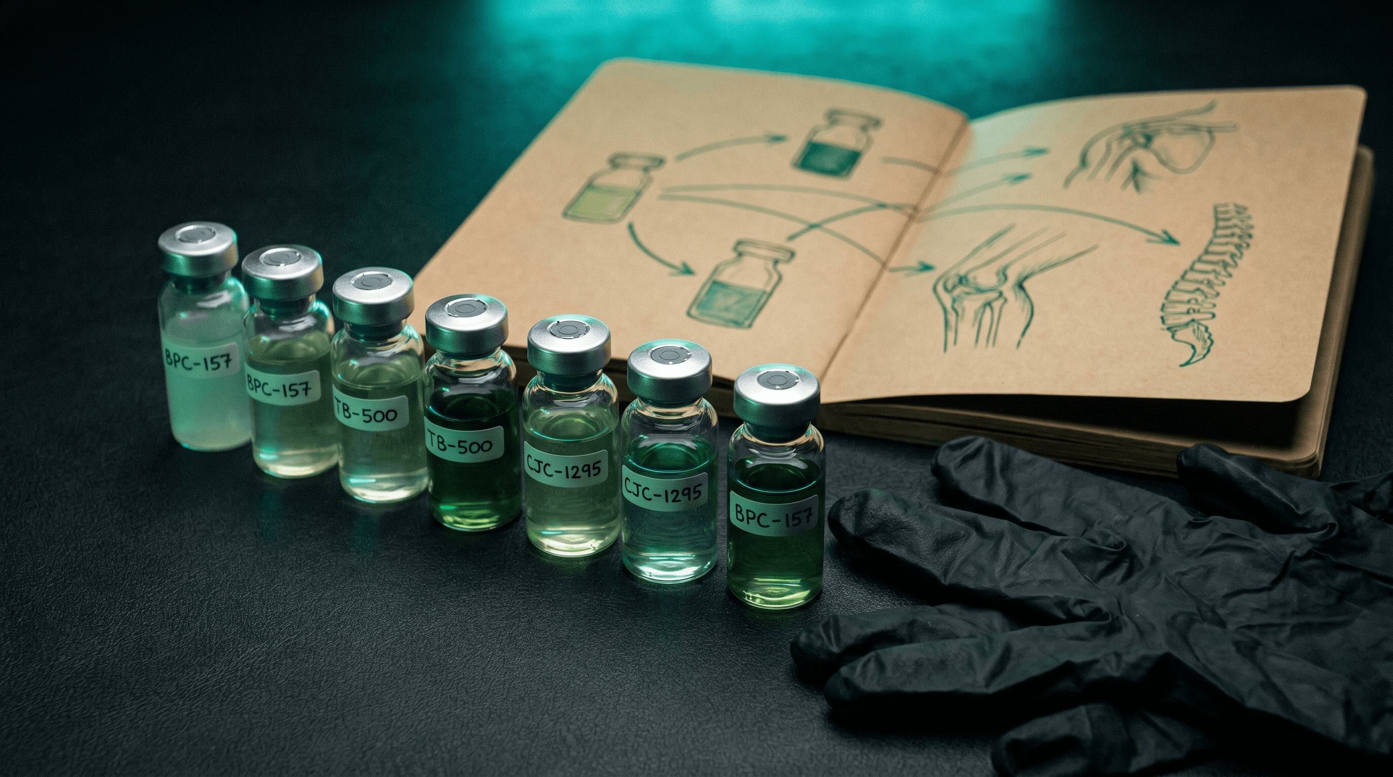 Seven labelled peptide vials arranged on a dark surface with green ambient lighting, representing the best peptides for injury recovery