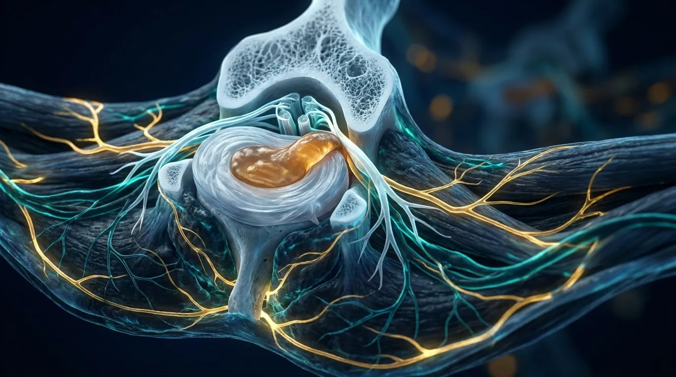 BPC-157 herniated disc recovery mechanism showing spinal nerve and peptide angiogenesis pathway