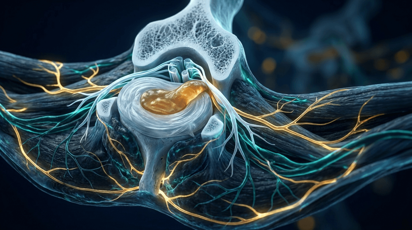 BPC-157 herniated disc recovery mechanism showing spinal nerve and peptide angiogenesis pathway