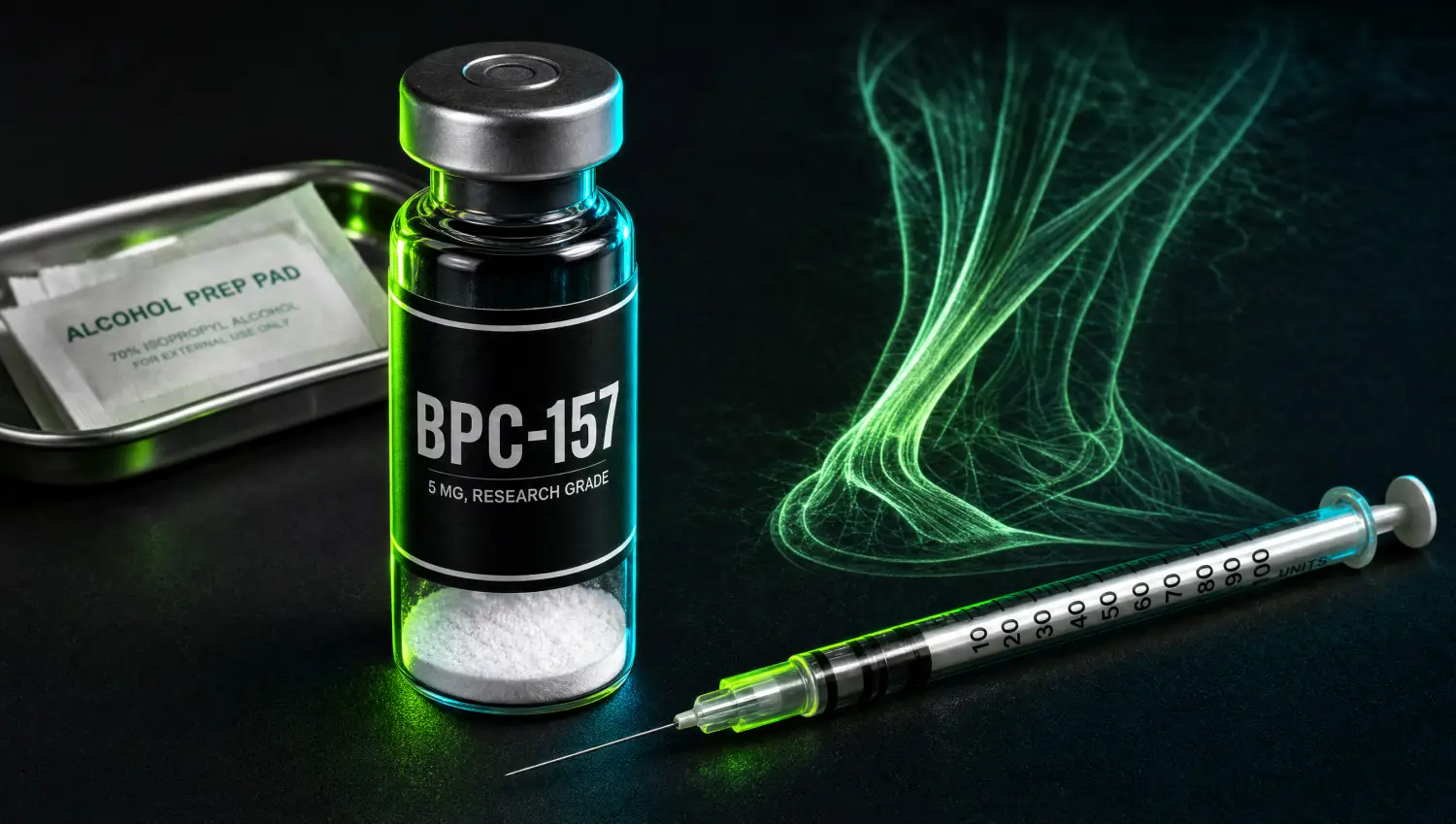 BPC-157 tendon repair vial and syringe on dark research bench with tendon anatomy overlay