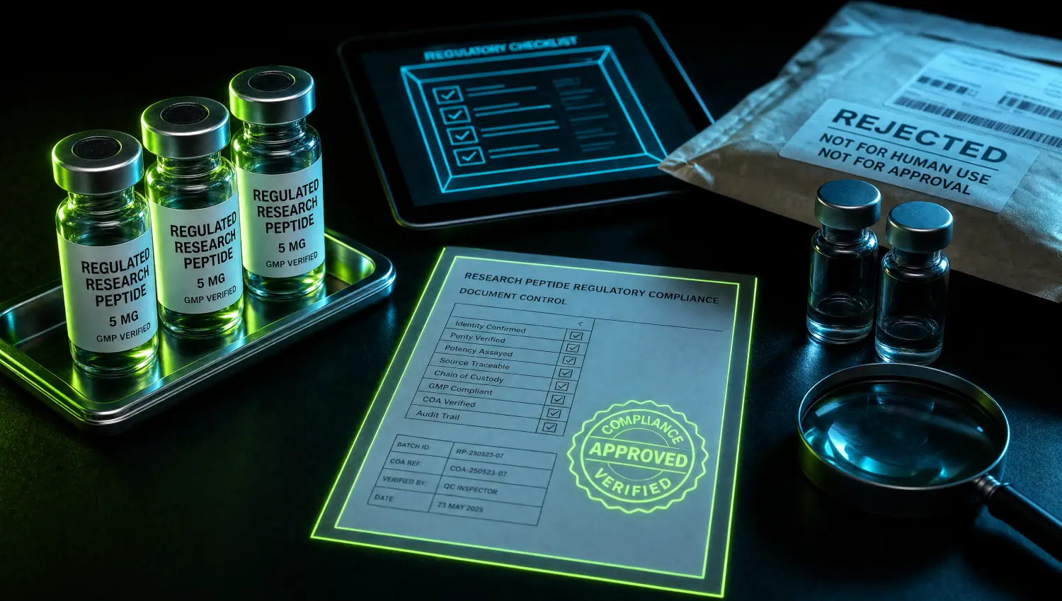 Illustration representing the peptide regulation case, comparing FDA-approved vials against contaminated gray-market peptide products