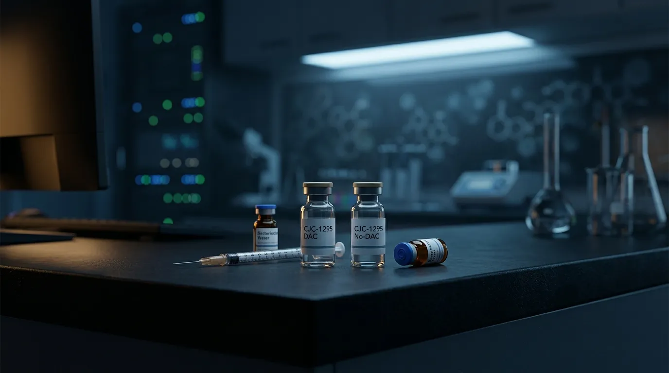 CJC-1295 dosage protocol guide showing DAC and no-DAC vials with syringe on a clinical research background