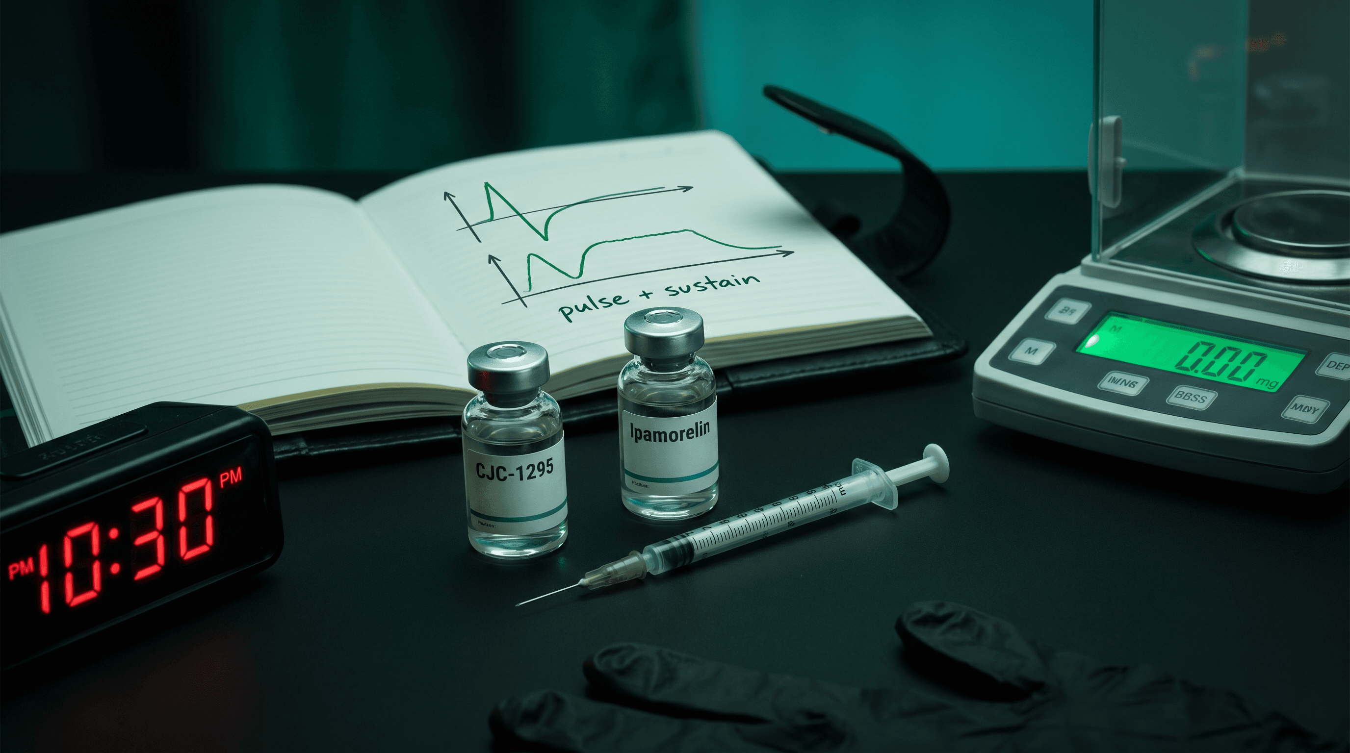 CJC-1295 and ipamorelin peptide vials on a clinical counter