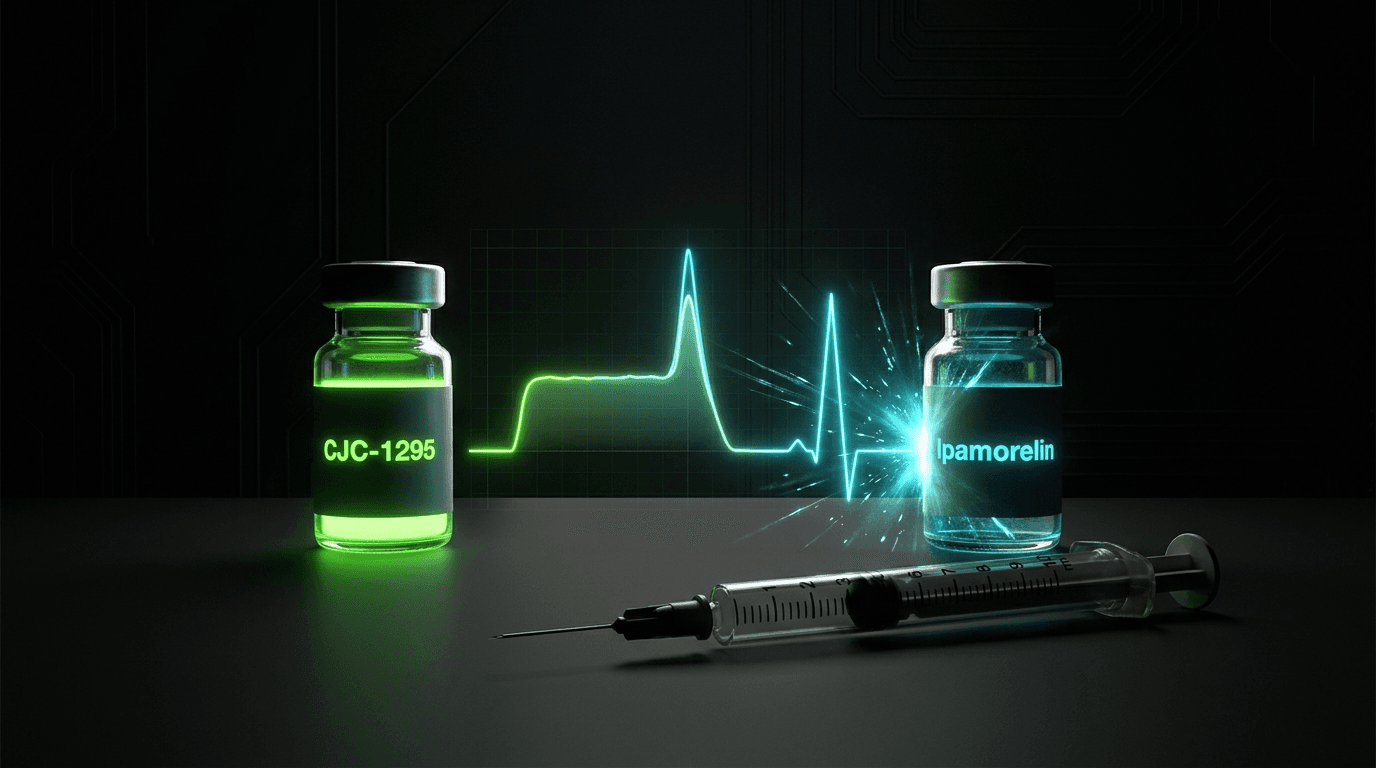 CJC-1295 and ipamorelin stack two vials GH pulse protocol on dark tactical lab surface