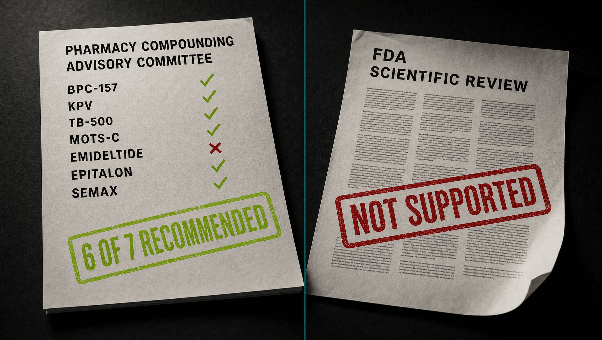 FDA peptide vote July 2026: the Pharmacy Compounding Advisory Committee record listing BPC-157, KPV, TB-500, MOTS-c, emideltide, epitalon and semax stamped 6 of 7 recommended, beside the FDA scientific review stamped not supported