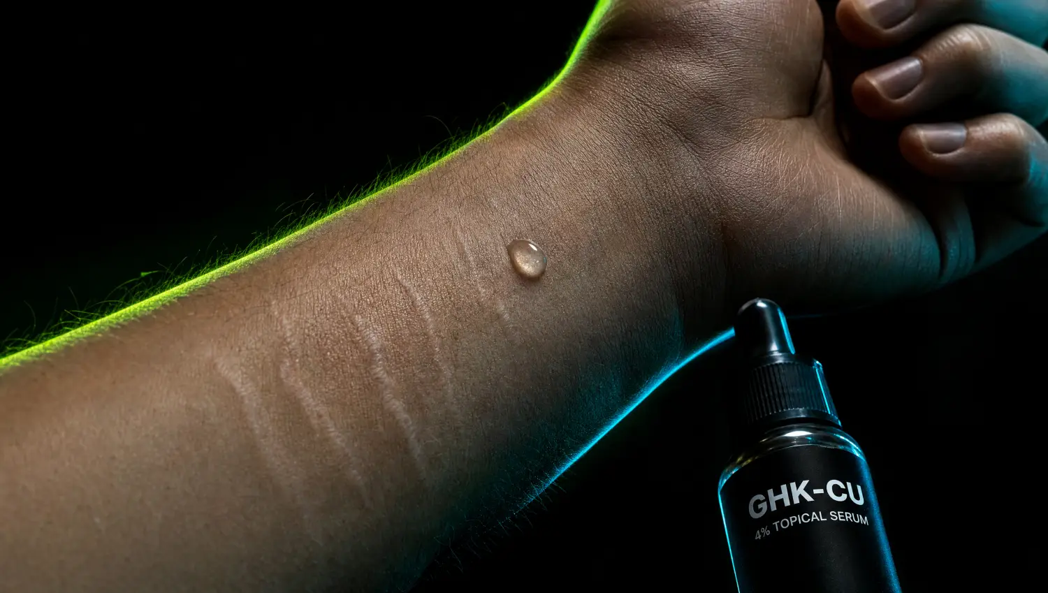 Forearm skin with GHK-Cu topical copper peptide serum applied, showing texture and collagen repair focus