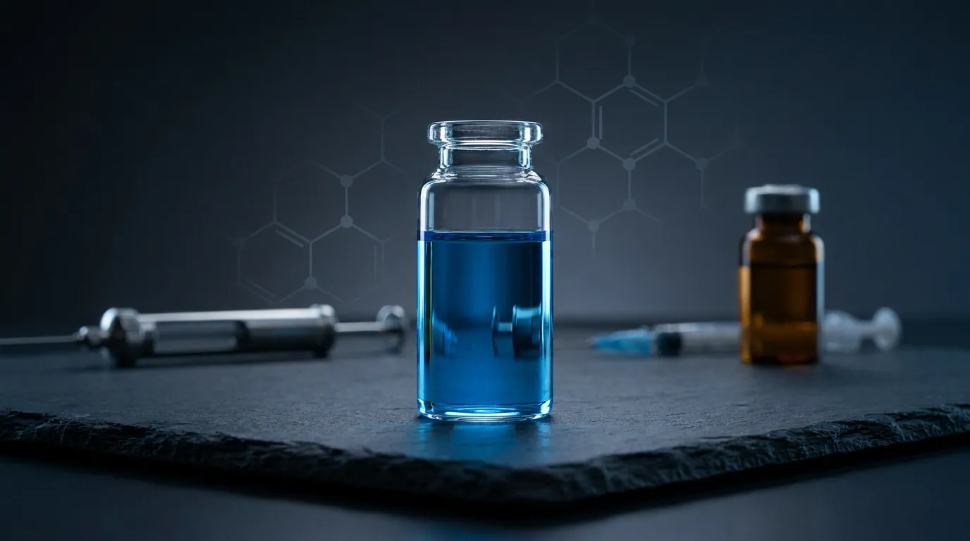 GHK-Cu skin hair peptide shown as a clear blue liquid in a research vial, representing topical and injectable anti-ageing protocols