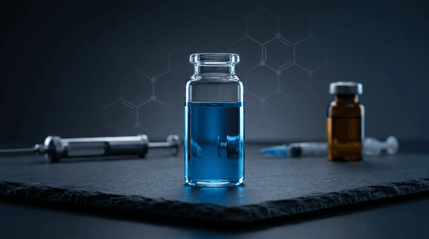 GHK-Cu skin hair peptide shown as a clear blue liquid in a research vial, representing topical and injectable anti-ageing protocols