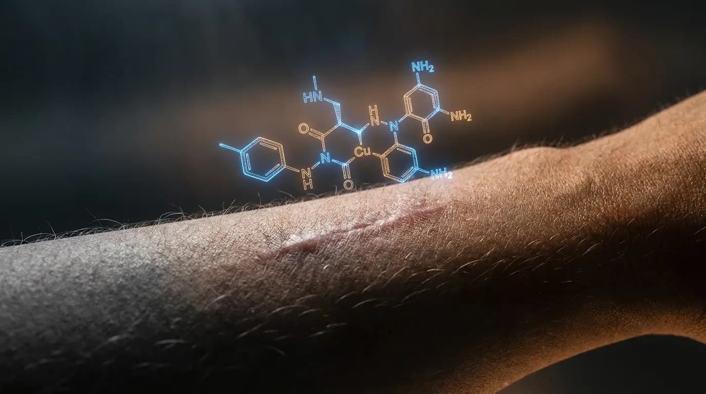 GHK-Cu wound healing mechanism showing fibroblast collagen synthesis and angiogenesis