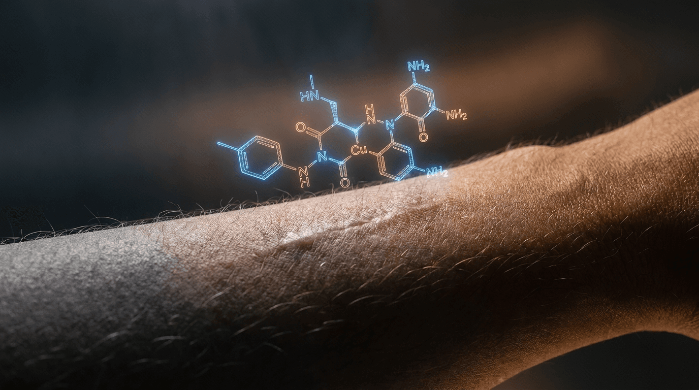 GHK-Cu wound healing mechanism showing fibroblast collagen synthesis and angiogenesis