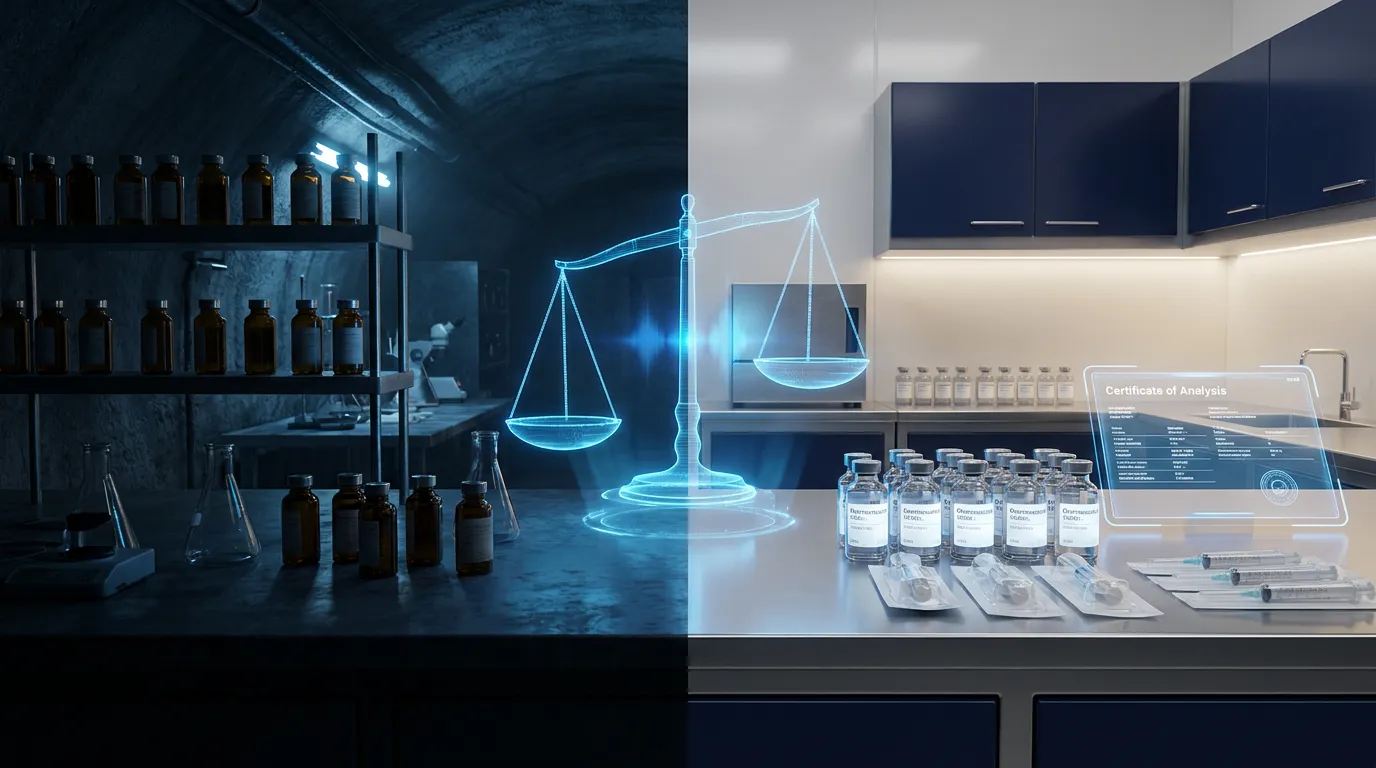 Grey market problem legal peptide access: regulatory scales balancing grey-market vials against pharmaceutical-grade compounding pharmacy