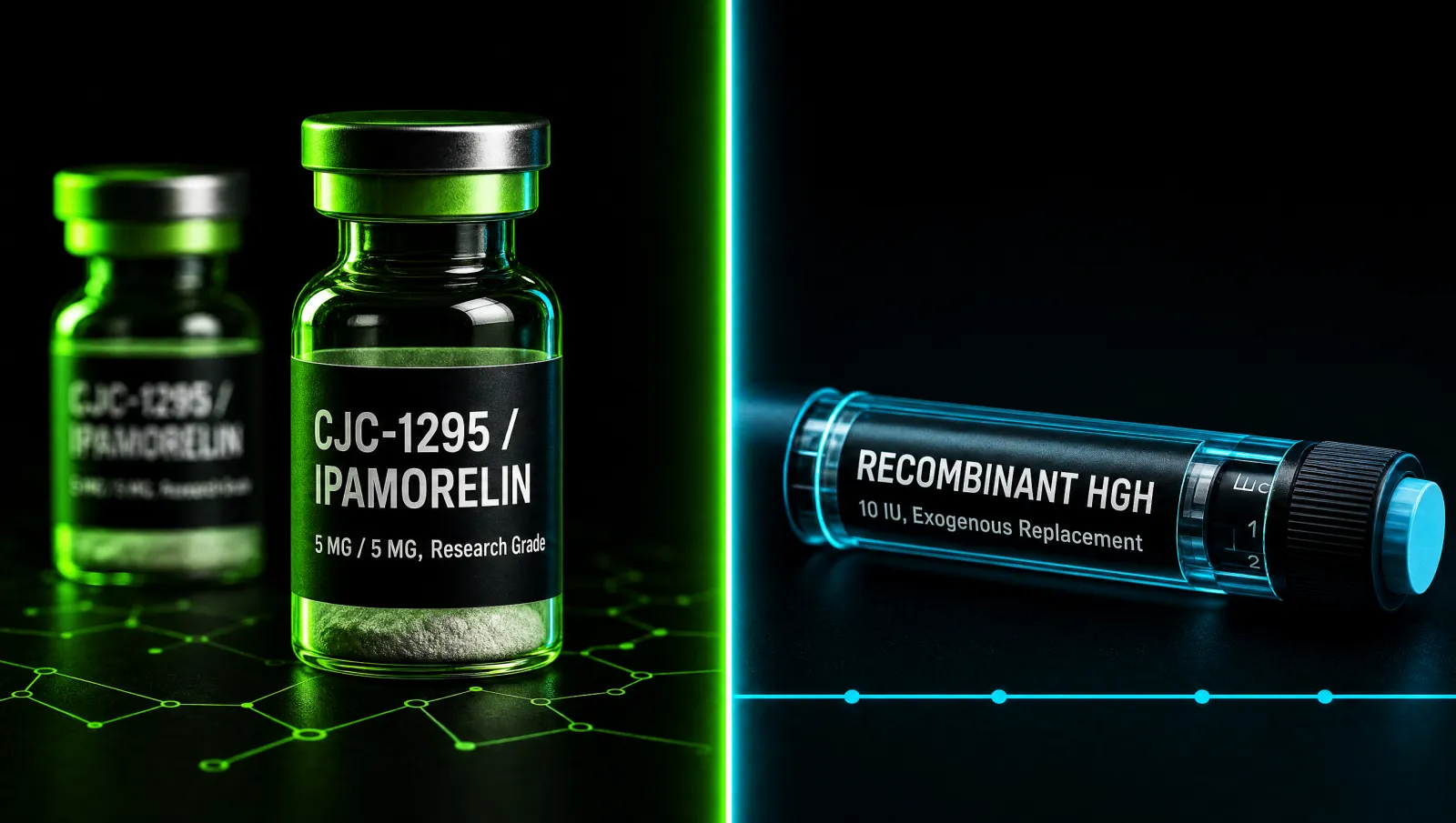 Growth hormone secretagogues vs HGH comparison showing CJC-1295 and ipamorelin research vials alongside molecular pathway diagram