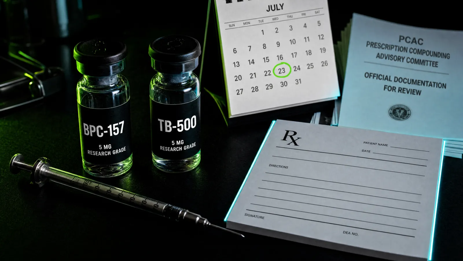Prescription pad and labelled BPC-157 vial representing how to get a BPC-157 prescription in 2026