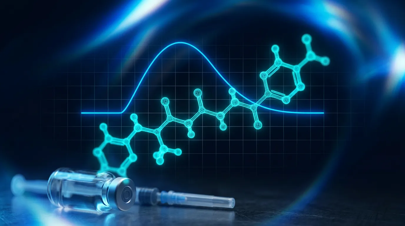 Ipamorelin molecular structure and GH pulse kinetics chart showing selective growth hormone release without cortisol elevation