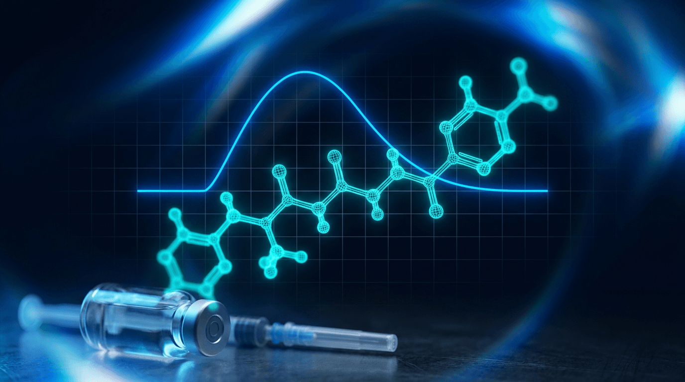 Ipamorelin molecular structure and GH pulse kinetics chart showing selective growth hormone release without cortisol elevation