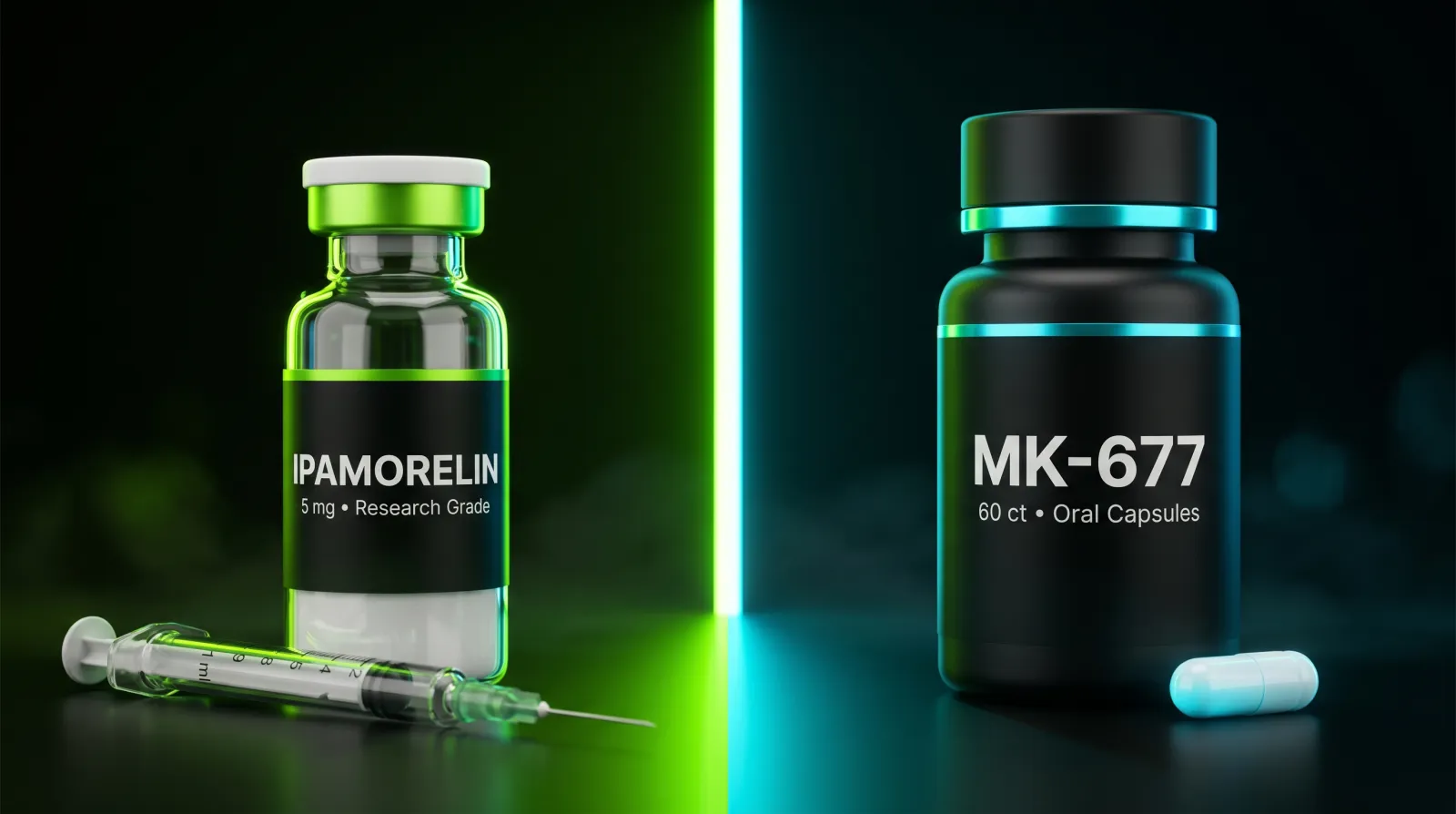 Ipamorelin vs MK-677 comparison chart showing GH release profiles and selectivity differences