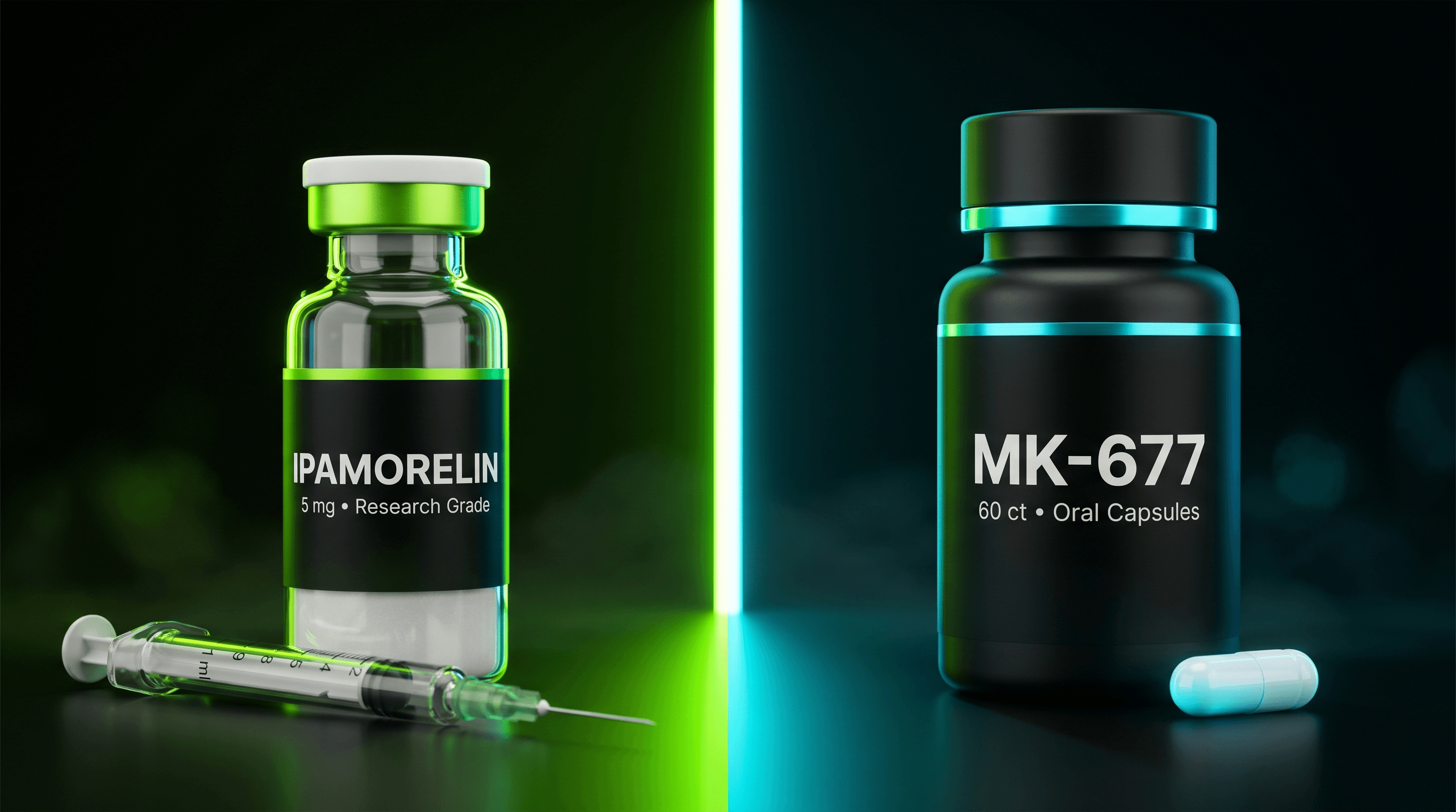 Ipamorelin vs MK-677 comparison chart showing GH release profiles and selectivity differences