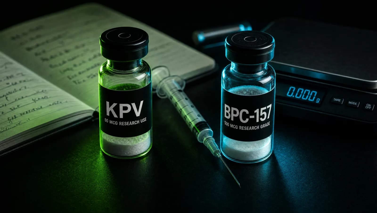 KPV and BPC-157 research vials on a dark laboratory bench representing the gut stack protocol