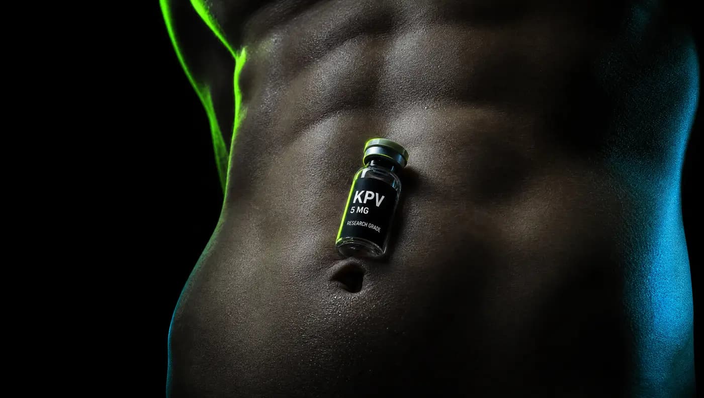 KPV peptide vial for gut health research beside abdomen on dark surface