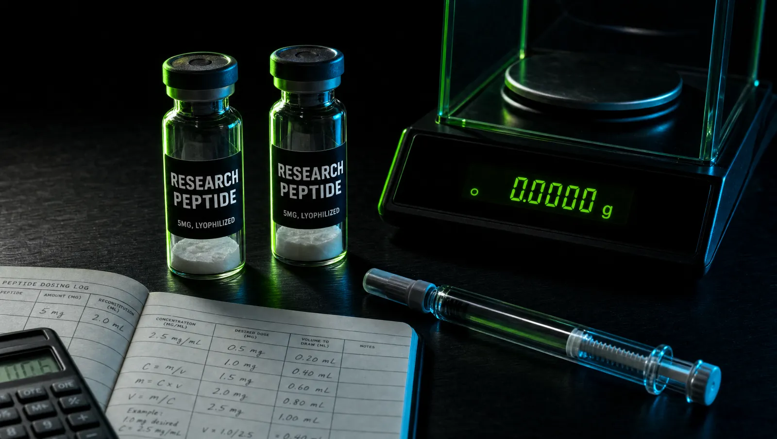 Research bench with labelled peptide vials illustrating why most peptide dosing advice online is wrong
