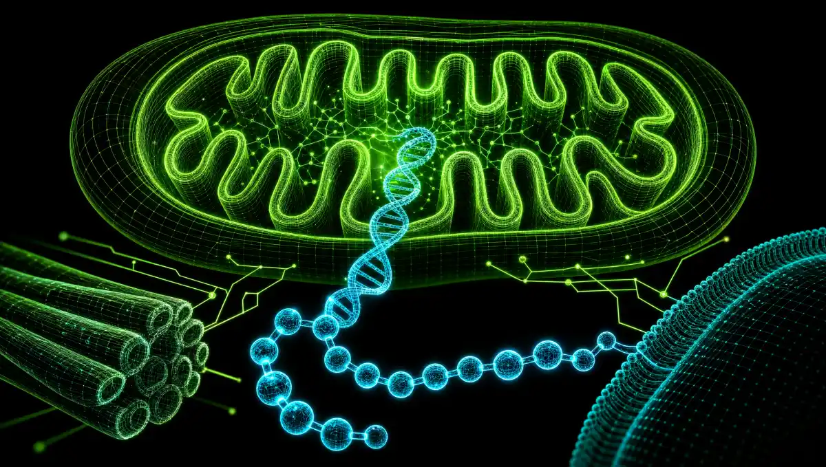MOTS-c mitochondrial-derived peptide molecular structure illustration on dark background