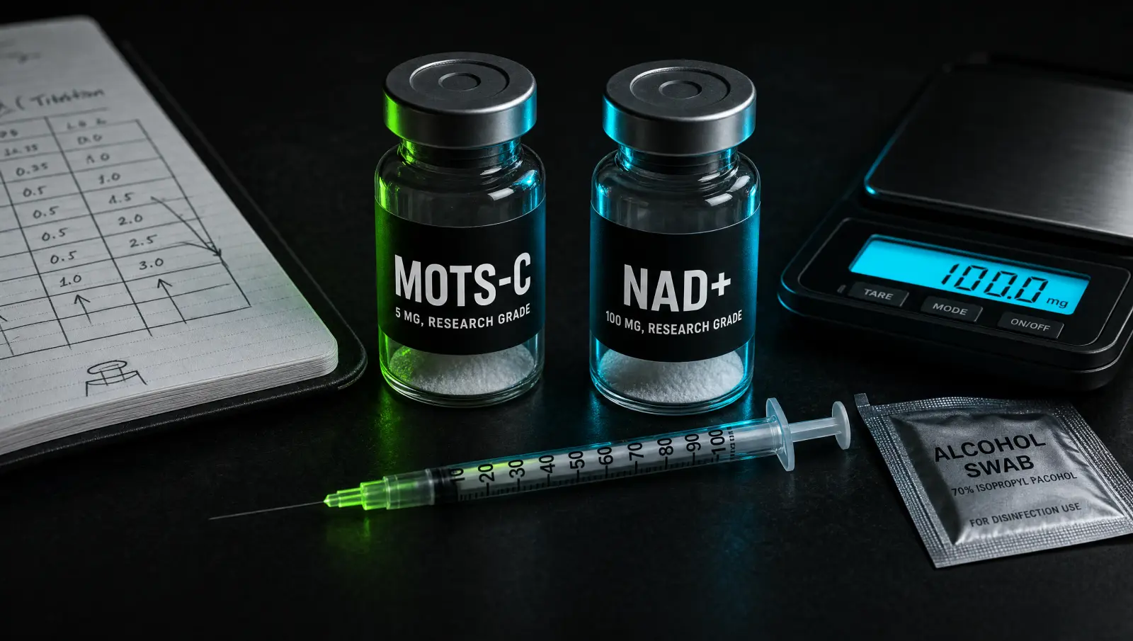 MOTS-c dosage protocol injection frequency and NAD+ stacking chart on a dark research bench