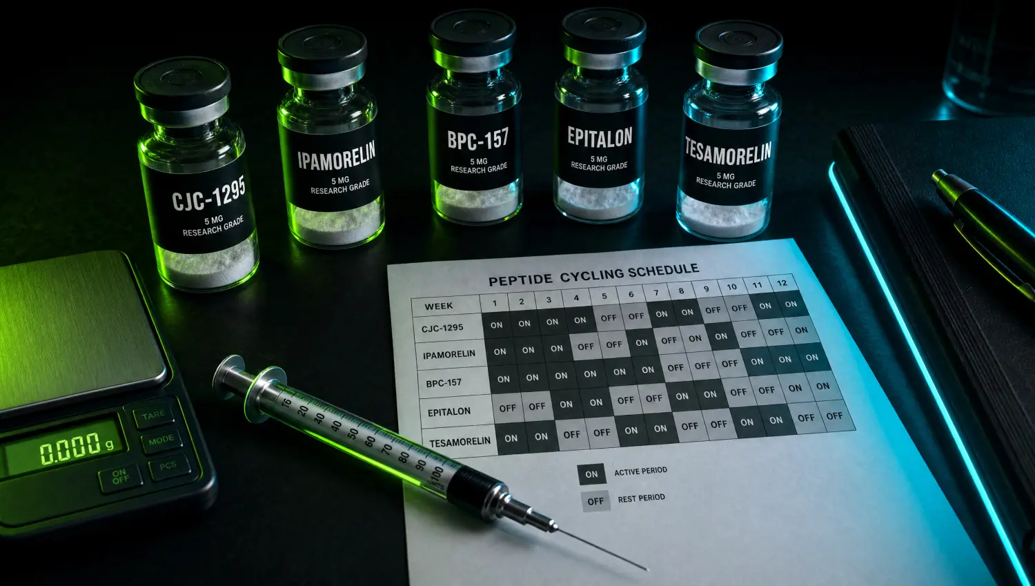 Neon-lit research bench with labelled peptide vials arranged on a peptide cycling protocols schedule alongside a calendar, syringe and notebook