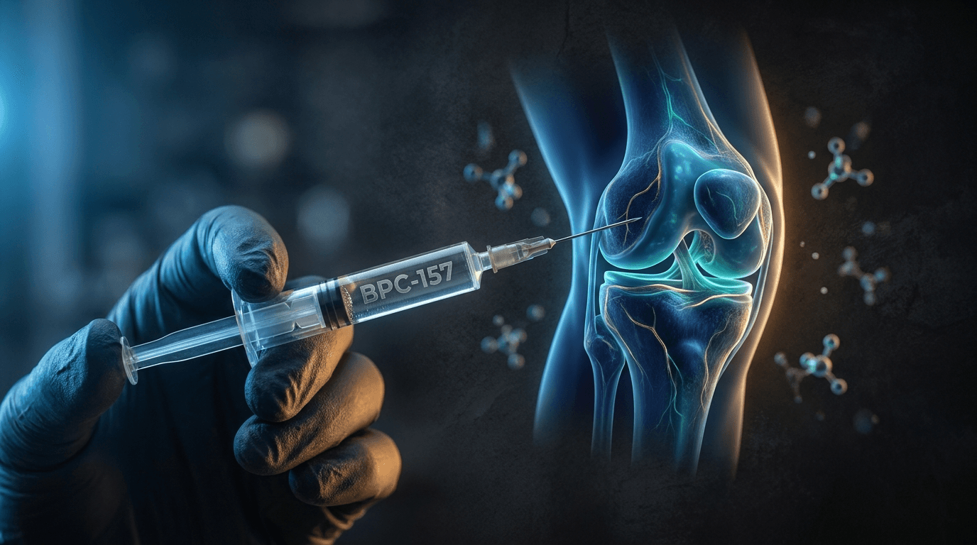 Peptide protocol for knee cartilage repair showing BPC-157 and TB-500 vials alongside a knee joint anatomical diagram