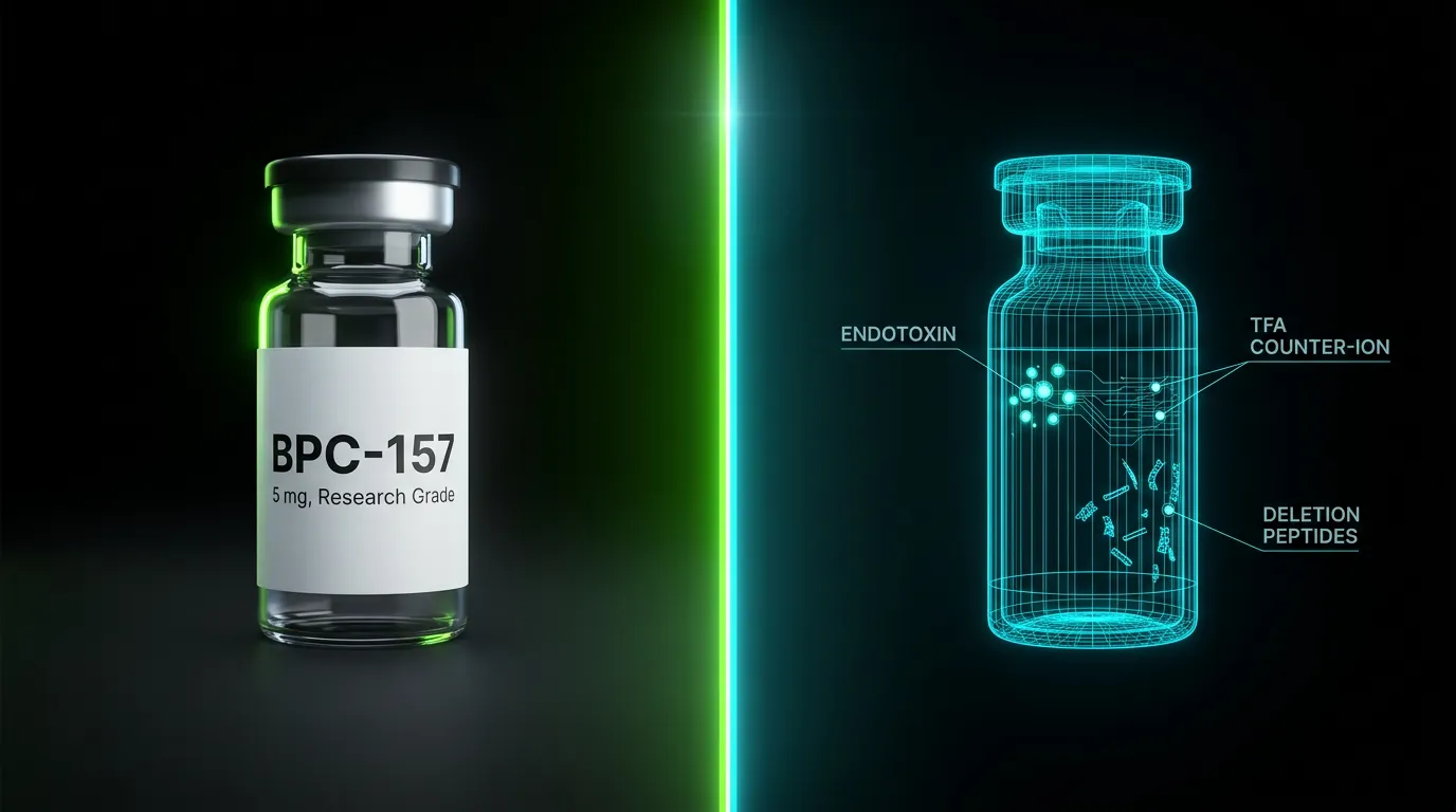 Scientific illustration exposing the peptide purity crisis with molecular diagrams and contamination data visualised on a matte black background