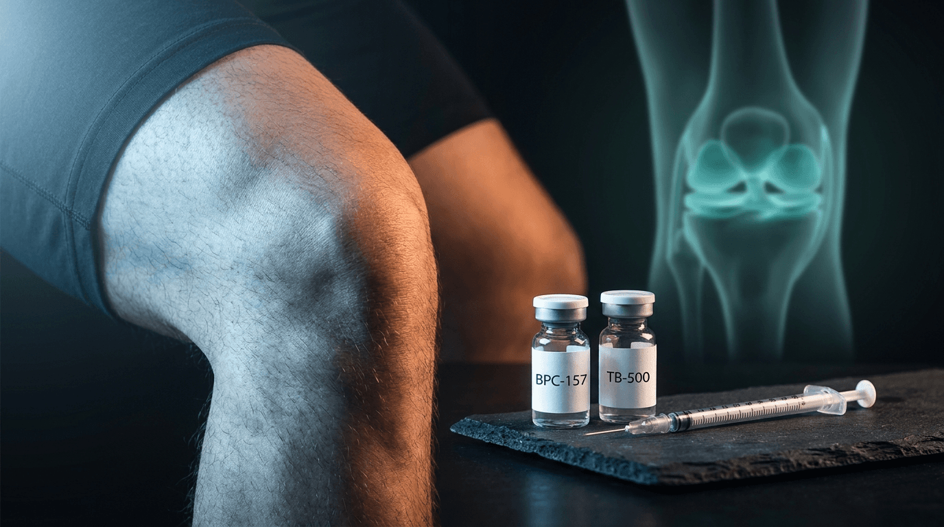 Best peptide stack torn meniscus: BPC-157 and TB-500 vials with knee anatomy diagram