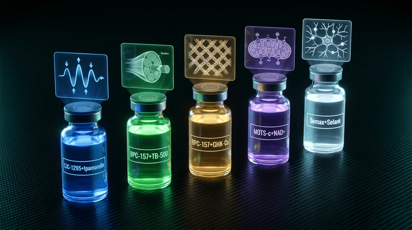 Five evidence-based peptide stacks that work shown as labelled syringes and molecular pathway diagrams for recovery, growth hormone, and cognition protocols