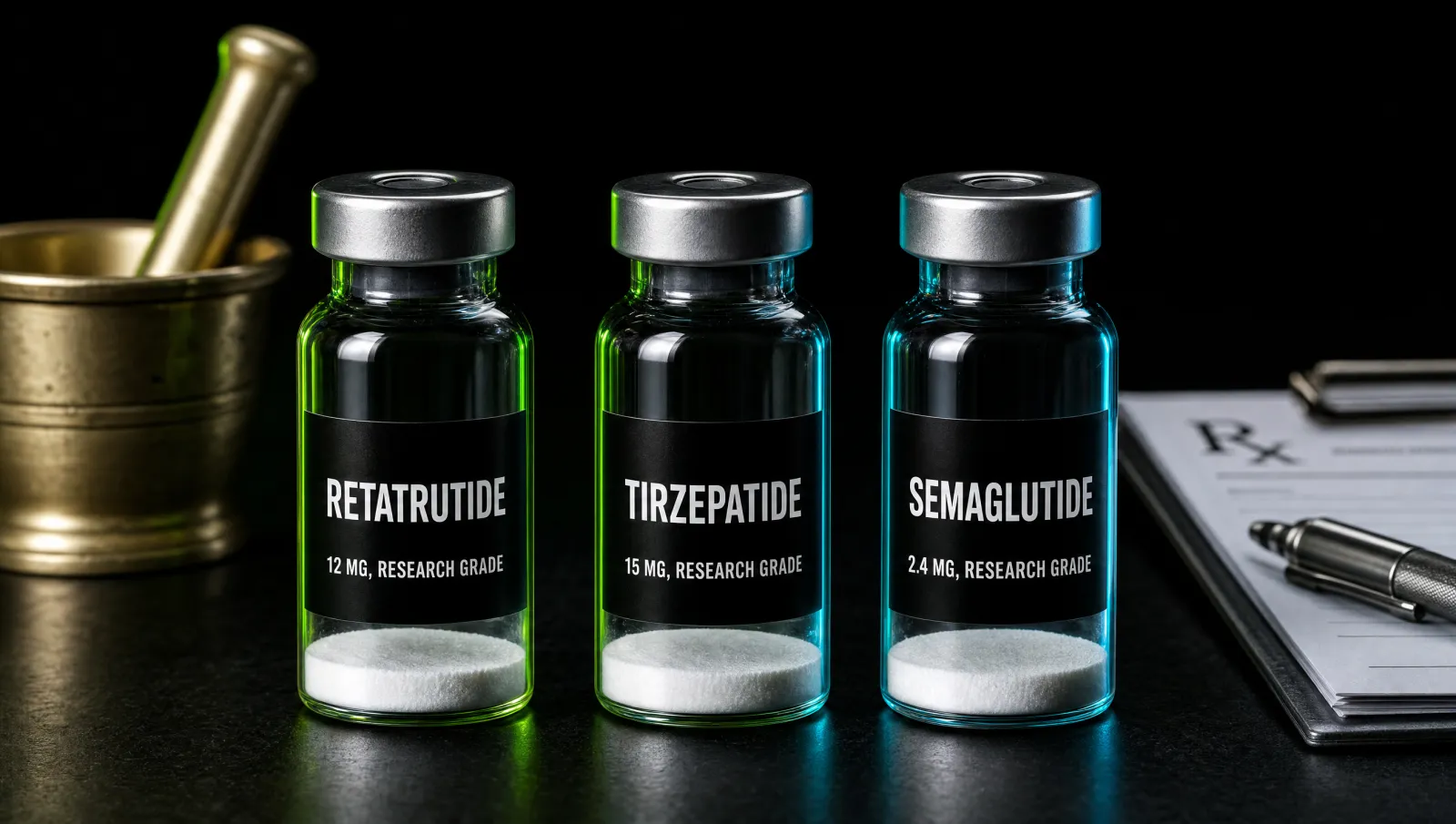 Three labelled compound vials representing retatrutide vs tirzepatide vs semaglutide comparison on a dark pharmacy bench