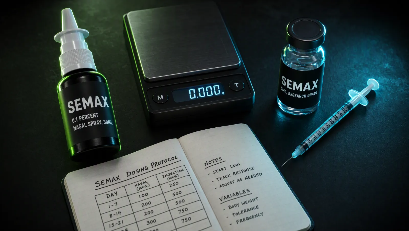 Semax dosage nasal spray bottle and syringe on a dark research bench with labelled vials
