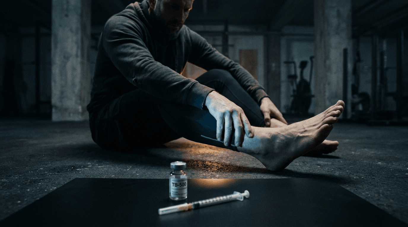 TB-500 peptide vial for Achilles tendonitis recovery with anatomical tendon diagram