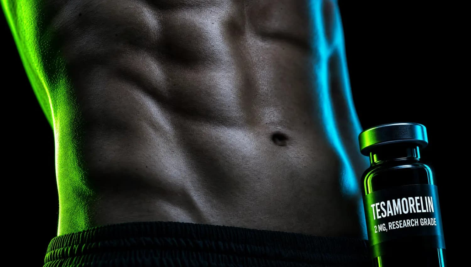 Photographic lean male torso under green and cyan rim lighting with a labelled tesamorelin research vial